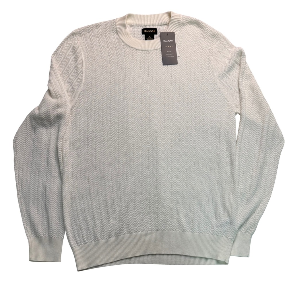 Haggar Mens Winter White Chevron Textured Crewneck Sweater Size M NEW